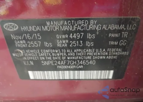 2016 Hyundai Sonata Se from USA, damaged, VIN 5NPE24AF7GH346540